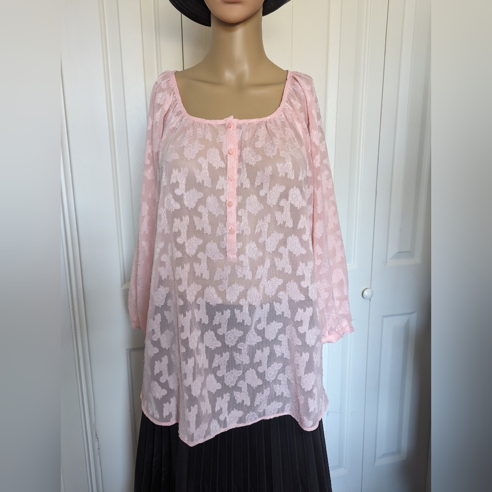 LC Lauren Conrad Women's Peasant Powder Pink Floral Jacquard Top Blouse Size L.